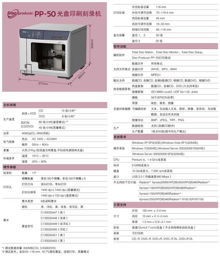 爱普生PP50光盘印刷刻录机的产品参数